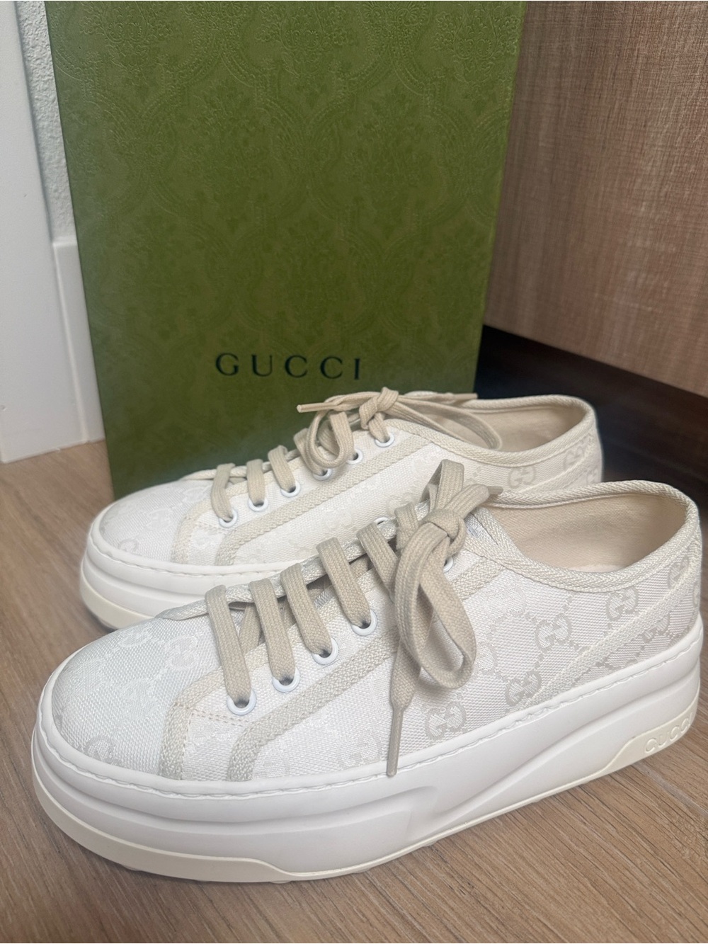 Gucci Tennis 1977 Canvas Sneakers 38 Ladies White GG Thick bottom